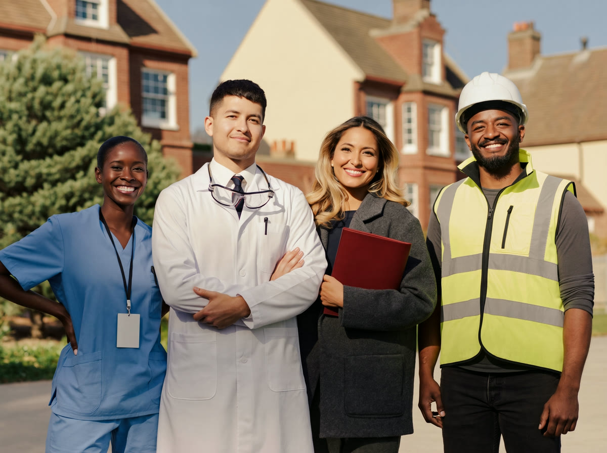 A nurse in blue scrubs, a lab scientist in a white coat, a finance professional and an engineer in a hard hat and hi-vis vest, smiling confidently to camera outside new-build brick homes