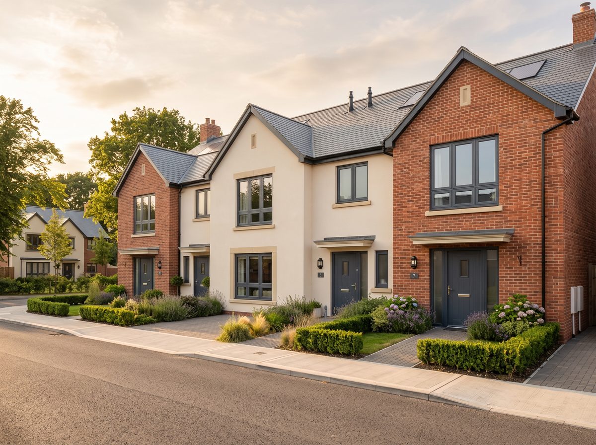 A terrace of contemporary UK new-build family homes in brick and cream render, landscaped front gardens in golden-hour light