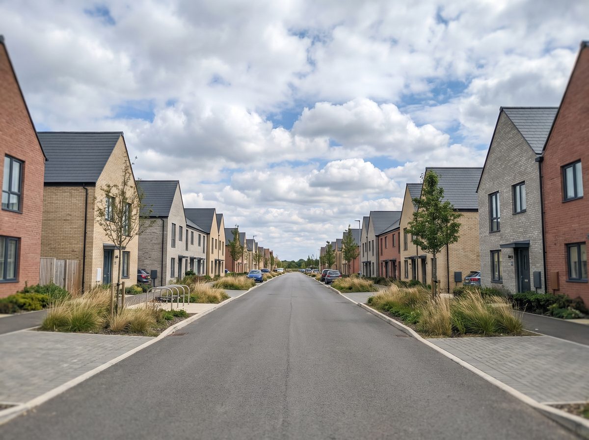 A modern UK new-build development street with brick and render family homes, young trees and landscaped verges