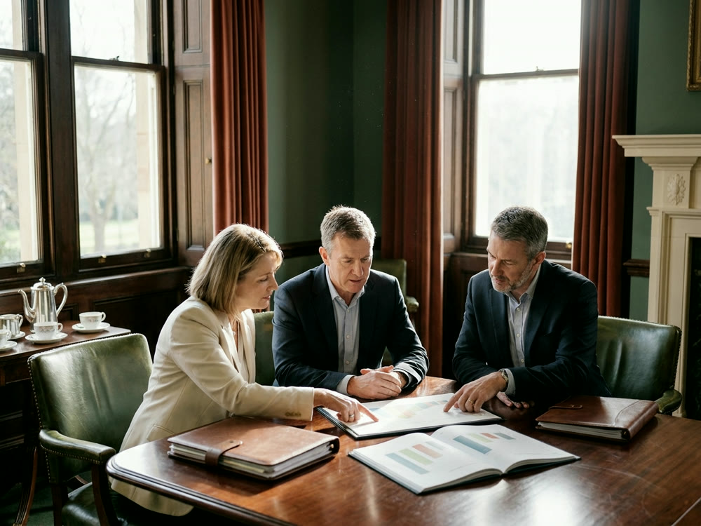 Three professionals examining investment documents and charts around a mahogany boardroom table