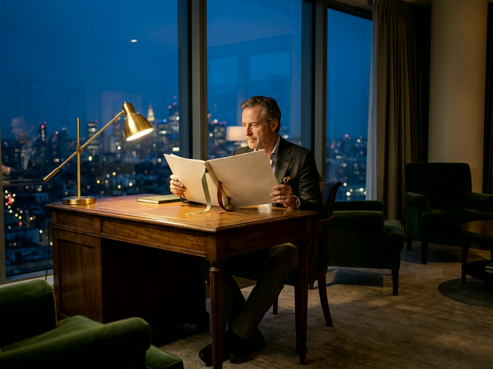 An investor reviewing a bound property document at a desk in a high-rise apartment at dusk, city skyline behind