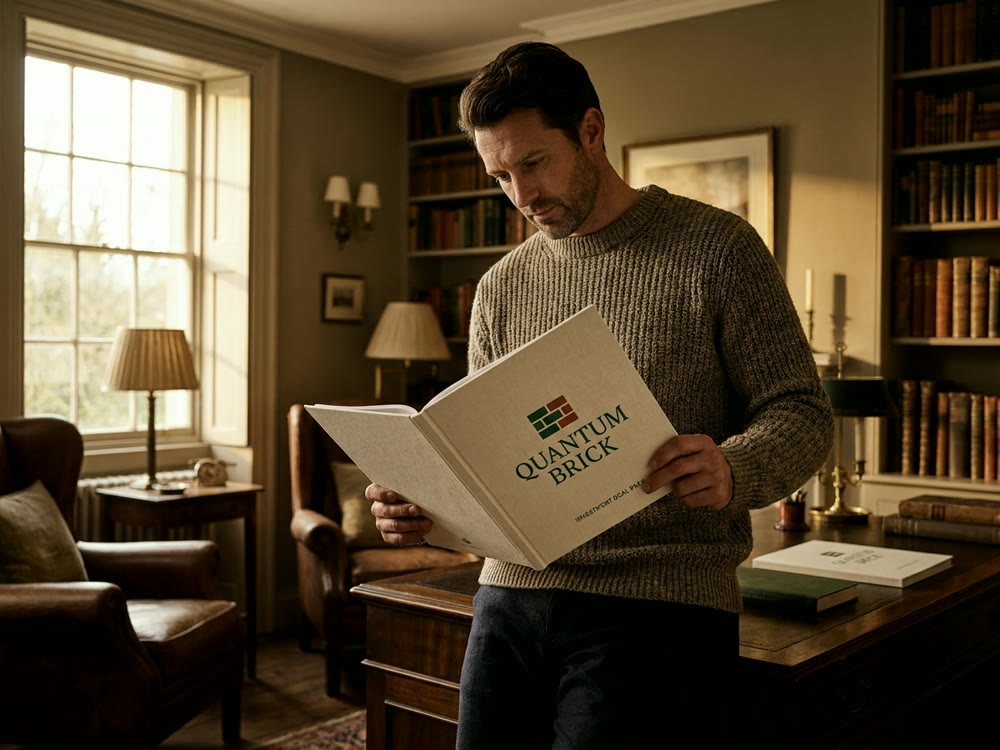 An investor in a book-lined study reading an open Quantum Brick investment deal pack
