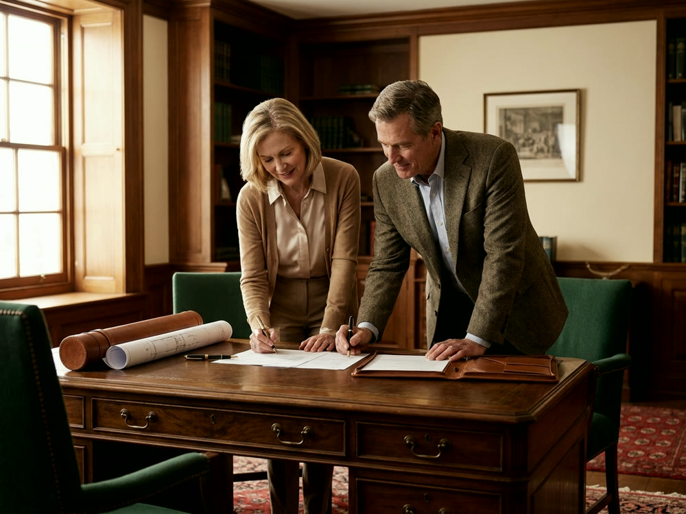 Two joint venture partners signing an agreement at a desk beside rolled architectural site plans
