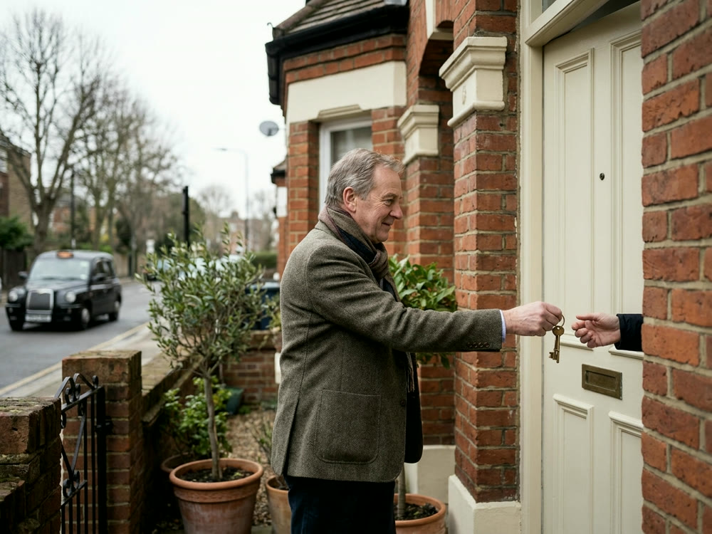A homeowner handing over brass keys at the front door of a Victorian brick terraced house